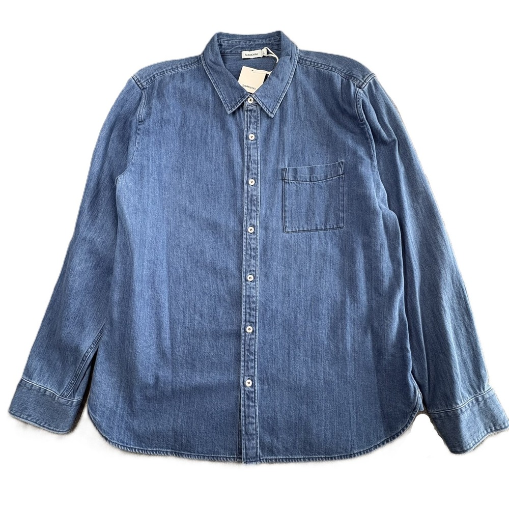 SIMKHAI Dwayne Denim Shirt Mens XL Blue Washed Chambray Long Sleeve NWT